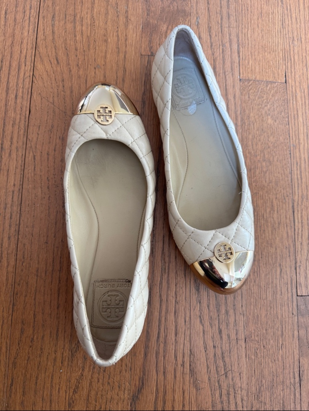 Tory Burch Ivory Quilted Ballet Flats with Gold Toe Caps